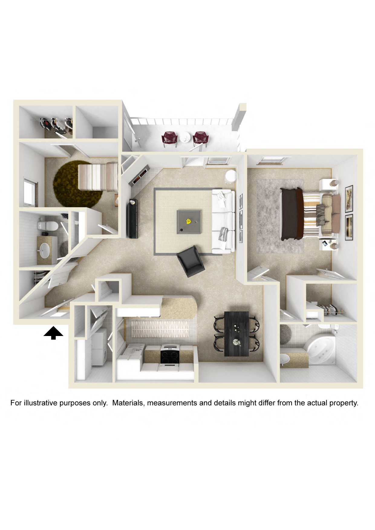 Floor plan for 1 bed, 1.5 baths, 1180 sqft